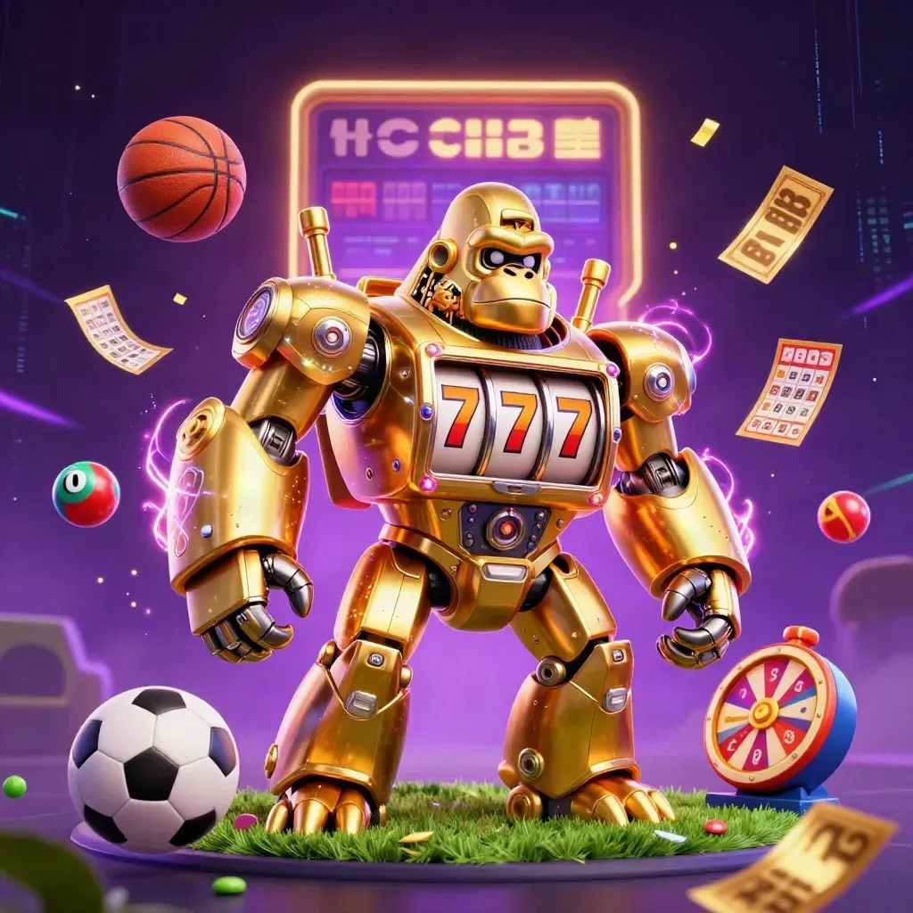 Gorila mecânico dourado com bolas e itens de aposta explodindo em arena neon