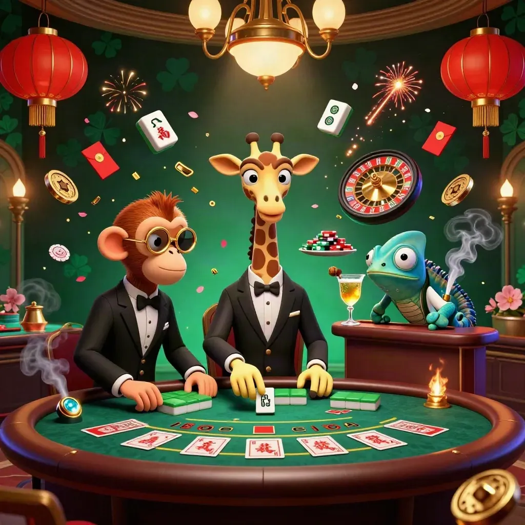 Girafa de terno, macaco e camaleão em sala de cassino luxuosa, com luz dourada e verde.