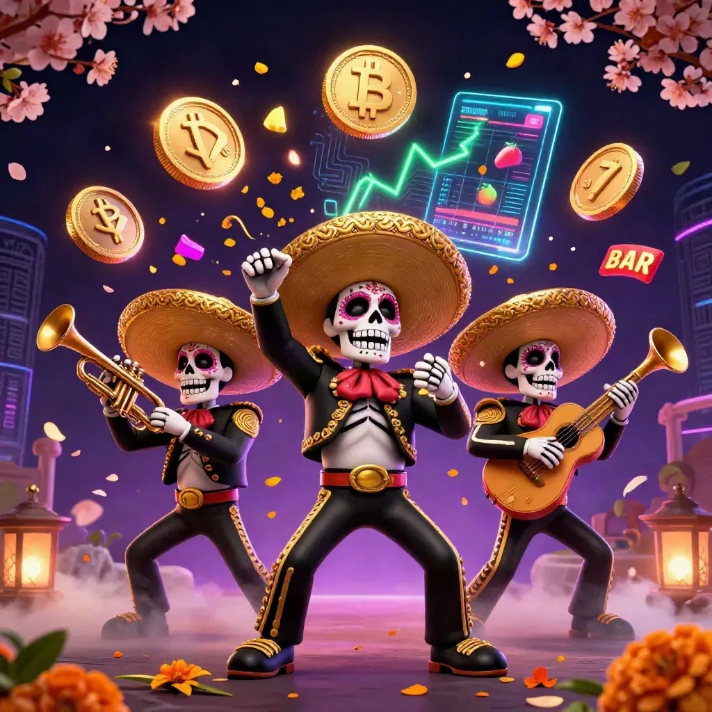 Trio de esqueletos mariachis com moedas cripto e brilho neon em cenário de cassino