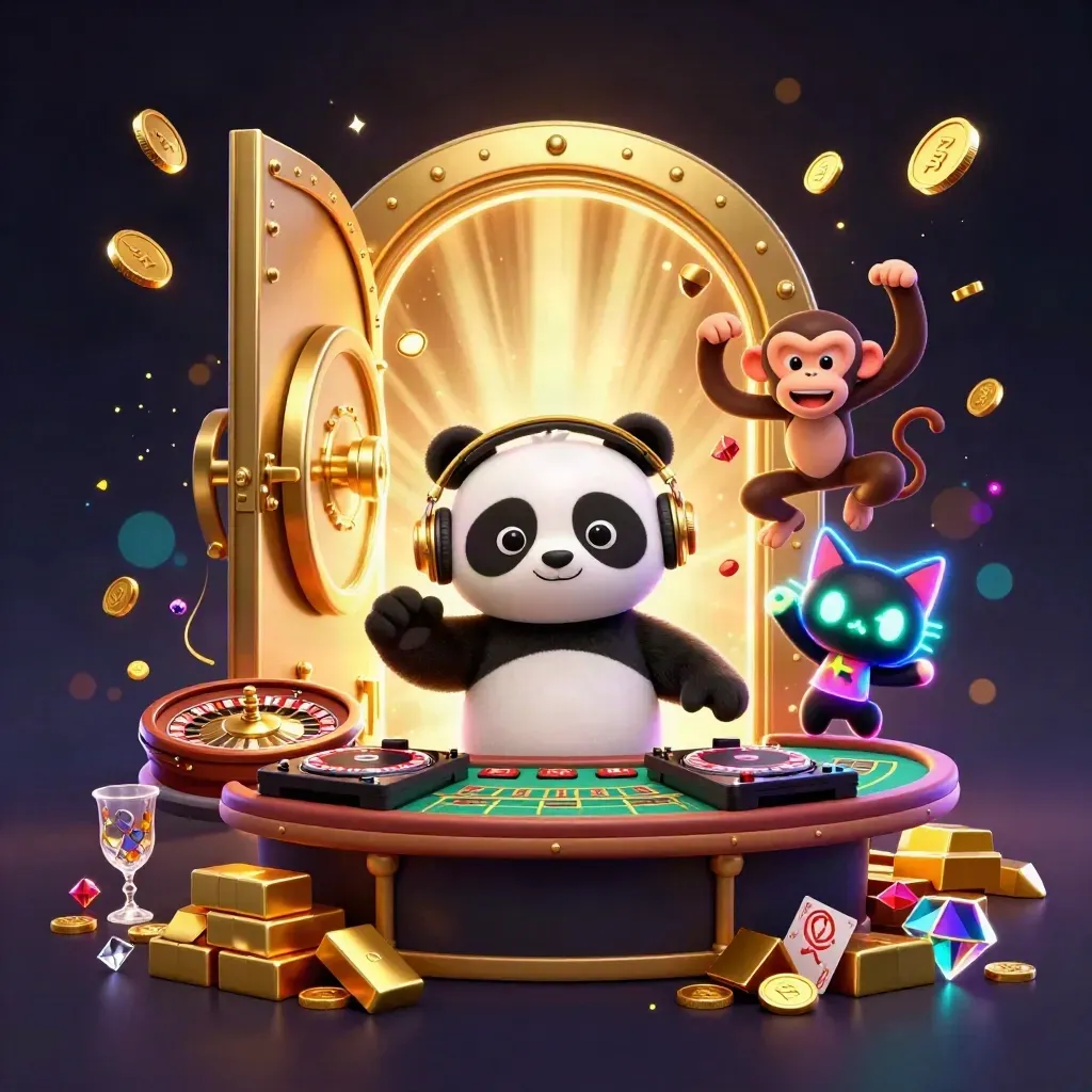 Panda DJ, macaco dançarino e gatinho rave cercados por ouro, moedas, gemas e um cofre aberto.
