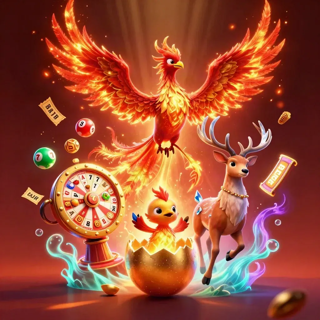 Fênix de fogo, cervo místico e filhote de fênix cercados por fichas, bolas e roda de prêmios.
