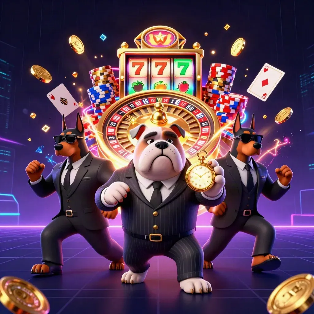 Bulldog mafioso e dois dobermans cercados por moedas, joias, fichas e luz neon verde.