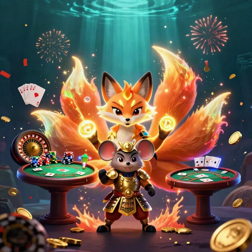 Raposa de nove caudas e rato samurai cercados por fichas, ouro e roleta em luz neon